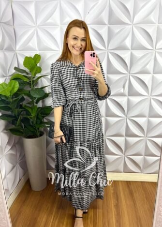 Vestido Viscolinho Longo Com Botões Estampado Daniele - Preto - Milla Chic