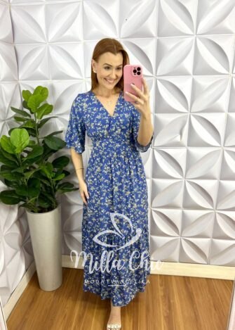 Vestido Viscolinho Longo Manga Dupla Raglan Estampado Floriana - Azul - Milla Chic