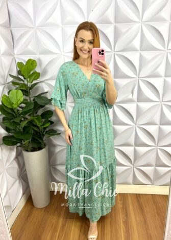 Vestido Viscolinho Longo Manga Dupla Raglan Estampado Floriana - Verde - Milla Chic