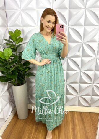 Vestido Viscolinho Longo Manga Dupla Raglan Estampado Floriana - Verde - Milla Chic