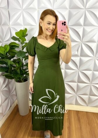 Vestido Viscolinho Mídi Com Gola Elisa - Verde - Milla Chic