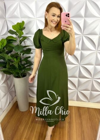 Vestido Viscolinho Mídi Com Gola Elisa - Verde - Milla Chic