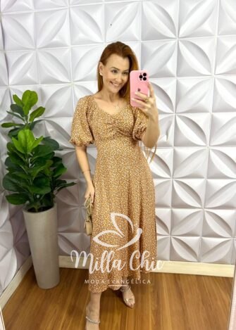 Vestido Viscolinho Mídi Estampado Margarida - Areia - Milla Chic