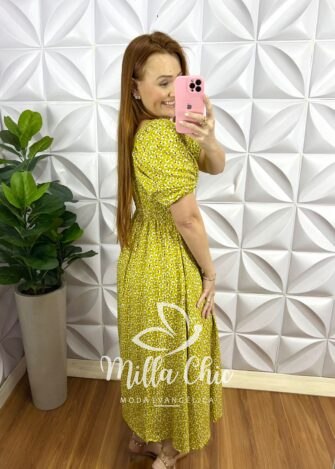Vestido Viscolinho Mídi Estampado Margarida - Lima - Milla Chic