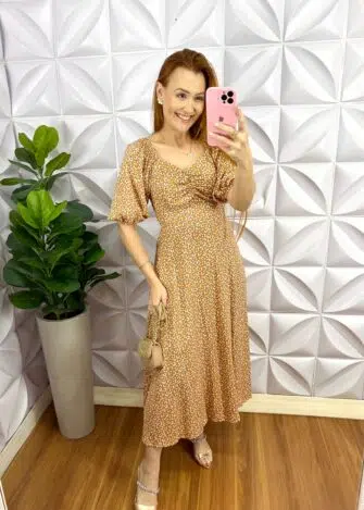Vestido Viscolinho Mídi Estampado Margarida - Areia - Milla Chic