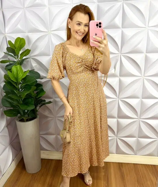 Vestido Viscolinho Mídi Estampado Margarida - Areia - Milla Chic