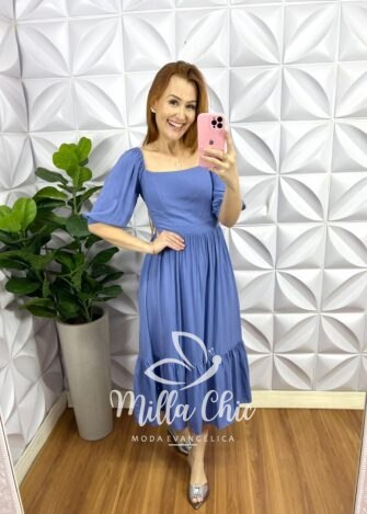 Vestido Viscolinho Mídi Evase Elisabeth - Azul - Milla Chic