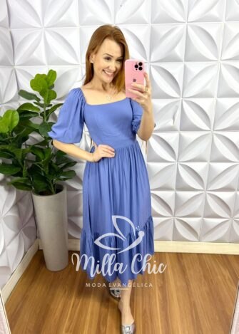 Milla Chic - millachic com br vestido viscolinho midi evase elisabeth azul 2 Vestido Viscolinho Mídi Evase Elisabeth - Azul - Milla Chic