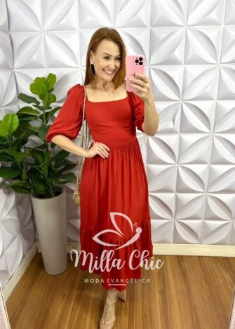 Vestido Viscolinho Mídi Evase Elisabeth - Terra Cota - Milla Chic