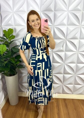 Vestido Viscolinho Mídi Laço Na Gola Estampado Abistrata Daniela - Caramelo - Milla Chic