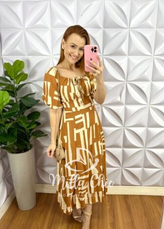 Vestido Viscolinho Mídi Laço Na Gola Estampado Abistrata Daniela - Caramelo - Milla Chic