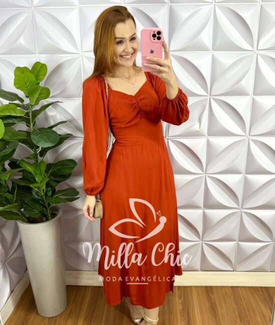 Vestido Viscolinho Mídi Manga Longa Estampado Siliane - Terra Cota - Milla Chic