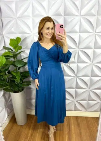 Vestido Viscolinho Mídi Manga Longa Estampado Siliane - Jade - Milla Chic