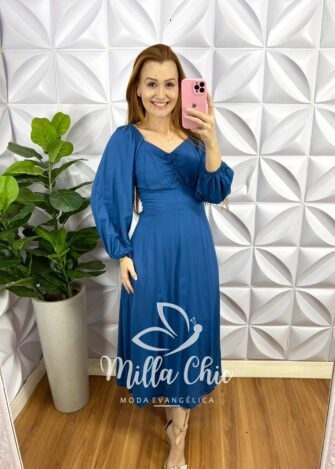 Vestido Viscolinho Mídi Manga Longa Estampado Siliane - Jade - Milla Chic