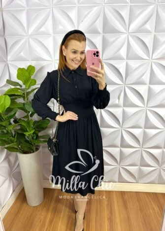 Vestido Viscolinho Mídi Pala Na Cintura Bianca - Preto - Milla Chic