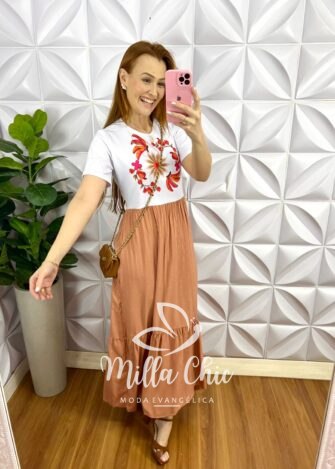 Vestido Viscose Com Blusa Em Malha Estampado Fallon - Salmão - Milla Chic