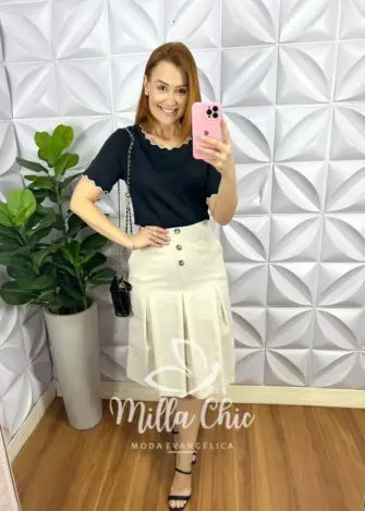 Saia Linho Com Pregas Com Bolso E Botão Ligia – Areia – Milla Chic Saia Linho Com Pregas Com Bolso E Botão Ligia - Areia - Milla Chic
