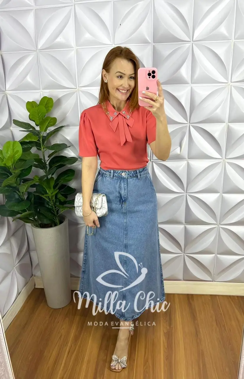 Camisa Crepe de Seda Com Laço Na Gola E Strass Silvia – Salmão – Milla Chic Camisa Crepe de Seda Com Laço Na Gola E Strass Silvia - Salmão - Milla Chic