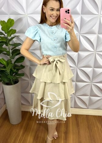 Blusa Cambraia de Linho Com Aplicação de Coração Barbara - Azul - Milla Chic
