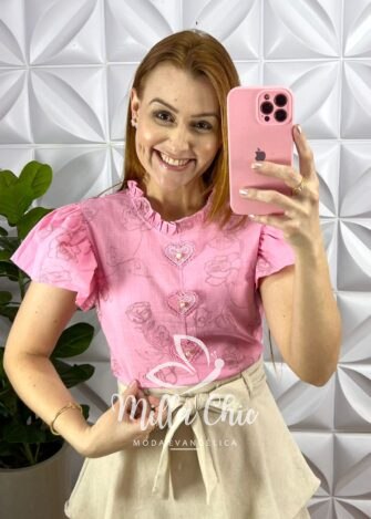 Blusa Cambraia de Linho Com Aplicação de Coração Barbara - Azul - Milla Chic