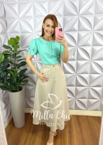 Milla Chic - millachic com br blusa cambraia de linho com bordado richelieu carine Blusa Cambraia De Linho Com Bordado Richelieu Carine - Verde Agua - Milla Chic