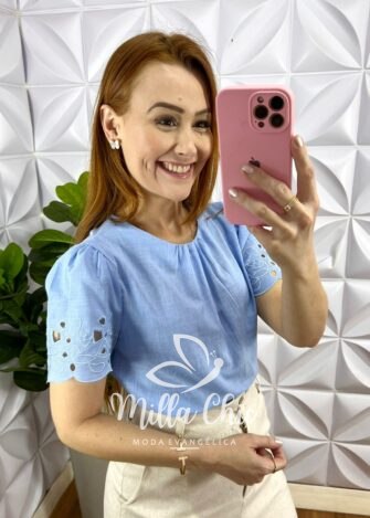 Blusa Cambraia De Linho Com Bordado Richelieu Carine - Azul - Milla Chic