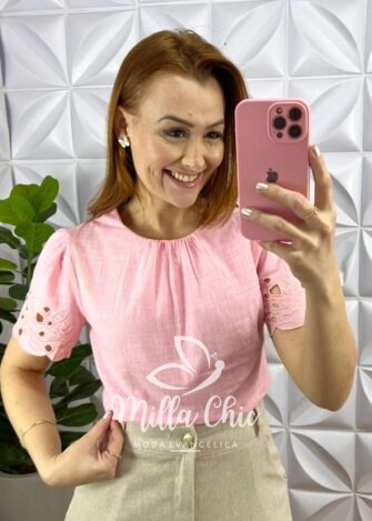 Blusa Cambraia De Linho Com Bordado Richelieu Carine - Rosa Ballet - Milla Chic