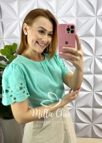 Milla Chic - millachic com br blusa cambraia de linho com bordado richelieu carine verde agua Blusa Cambraia De Linho Com Bordado Richelieu Carine - Verde Agua - Milla Chic
