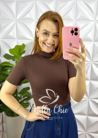 Blusa Canelada Ribana Gola Alta Paloma - Marrom - Milla Chic