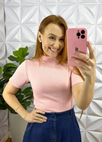 Blusa Canelada Ribana Gola Alta Paloma - Rosa - Milla Chic