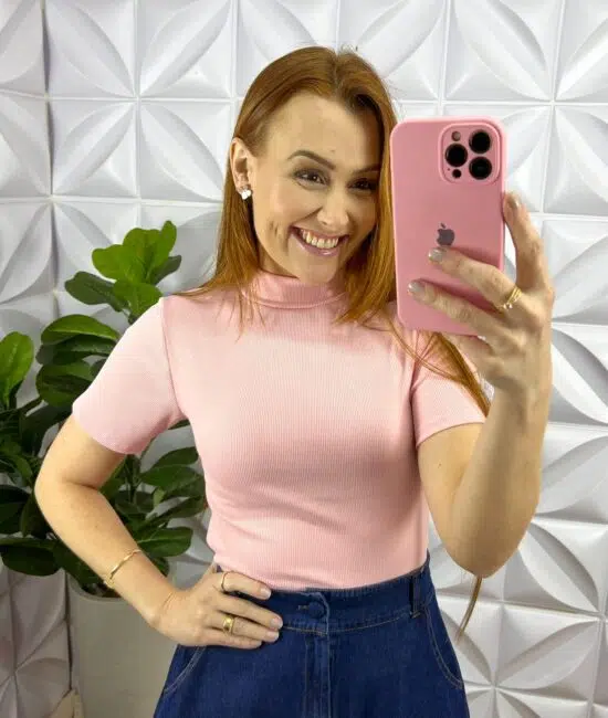 Blusa Canelada Ribana Gola Alta Paloma - Rosa - Milla Chic