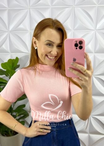 Blusa Canelada Ribana Gola Alta Paloma - Rosa - Milla Chic