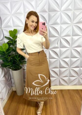 Blusa Cetim Manga Com Bordado Richelieu Sandra - Areia - Milla Chic