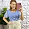 Blusa Cetim Manga Com Bordado Richelieu Sandra - Azul - Milla Chic