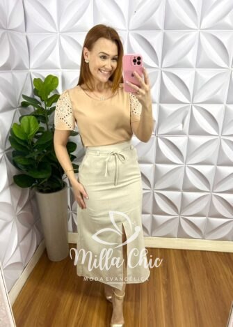 Blusa Cetim Manga Com Bordado Richelieu Sandra - Doce de Leite - Milla Chic