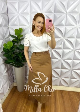 Blusa Cetim Manga Com Bordado Richelieu Sandra - Branca - Milla Chic