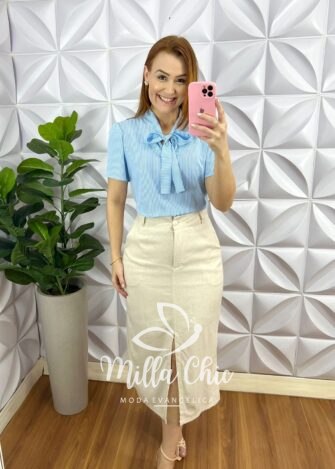 Blusa Crepe Alfaiataria Com Gola Laço Listrada Katia - Baby Blue - Milla Chic