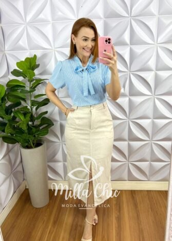 Blusa Crepe Alfaiataria Com Gola Laço Listrada Katia - Baby Blue - Milla Chic