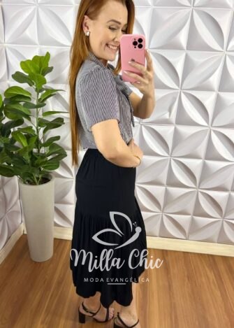 Blusa Crepe Alfaiataria Com Gola Laço Listrada Katia - Preta - Milla Chic