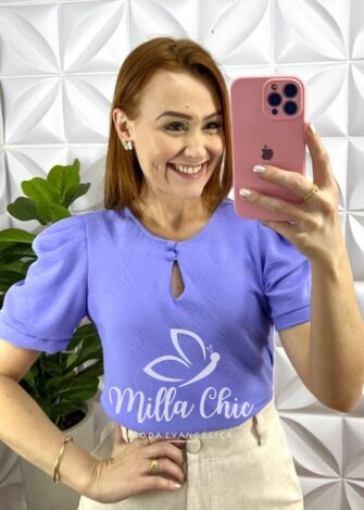 Blusa Crepe Dunna Decote Gota Com Botões Manga Princesa Gabriely - New blue - Milla Chic
