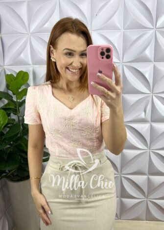 Blusa Cropped Cambraia de Linho Bordado Manga Princesa Gidalti - Rosa - Milla Chic