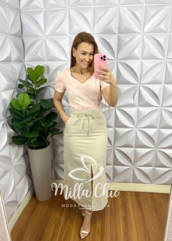 Blusa Cropped Cambraia de Linho Bordado Manga Princesa Gidalti - Rosa - Milla Chic