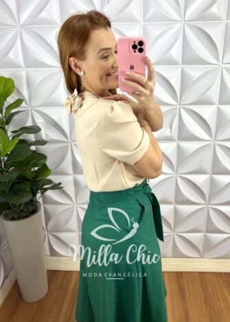 Blusa Dunna Gola Alta Com Fita Atras Olivia - Areia - Milla Chic
