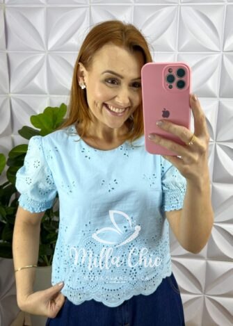 Blusa Laise Algodão Manga Princesa Amanda - Azul - Milla Chic