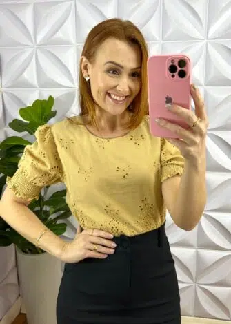 Blusa Laise Algodão Manga Princesa Amanda - Capuchino - Milla Chic