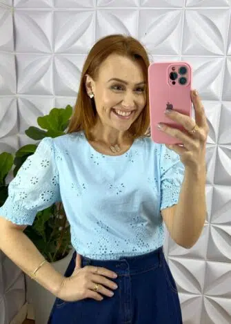 Blusa Laise Algodão Manga Princesa Amanda - Azul - Milla Chic