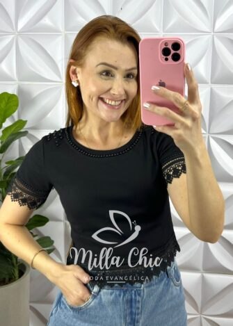 Blusa Malha De Algodão Com Bordados Perola e Guipper Alanis - Preto - Milla Chic