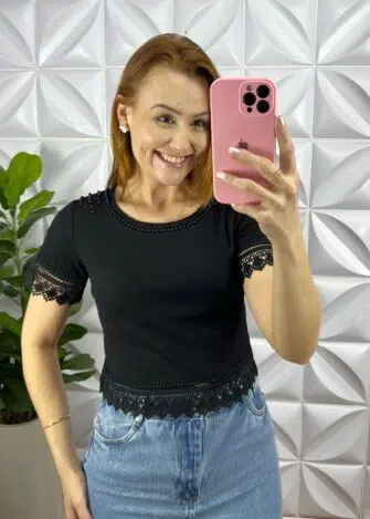 Blusa Malha De Algodão Com Bordados Perola e Guipper Alanis - Preto - Milla Chic