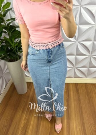 Blusa Malha De Algodão Com Bordados Perola e Guipper Alanis - Rosa Ballet - Milla Chic