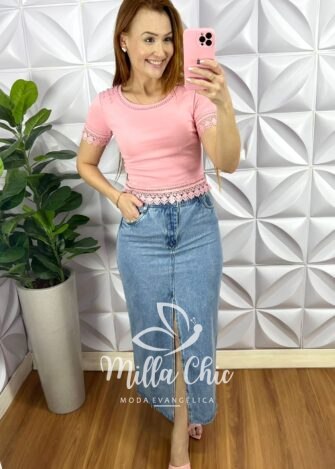 Blusa Malha De Algodão Com Bordados Perola e Guipper Alanis - Rosa Ballet - Milla Chic